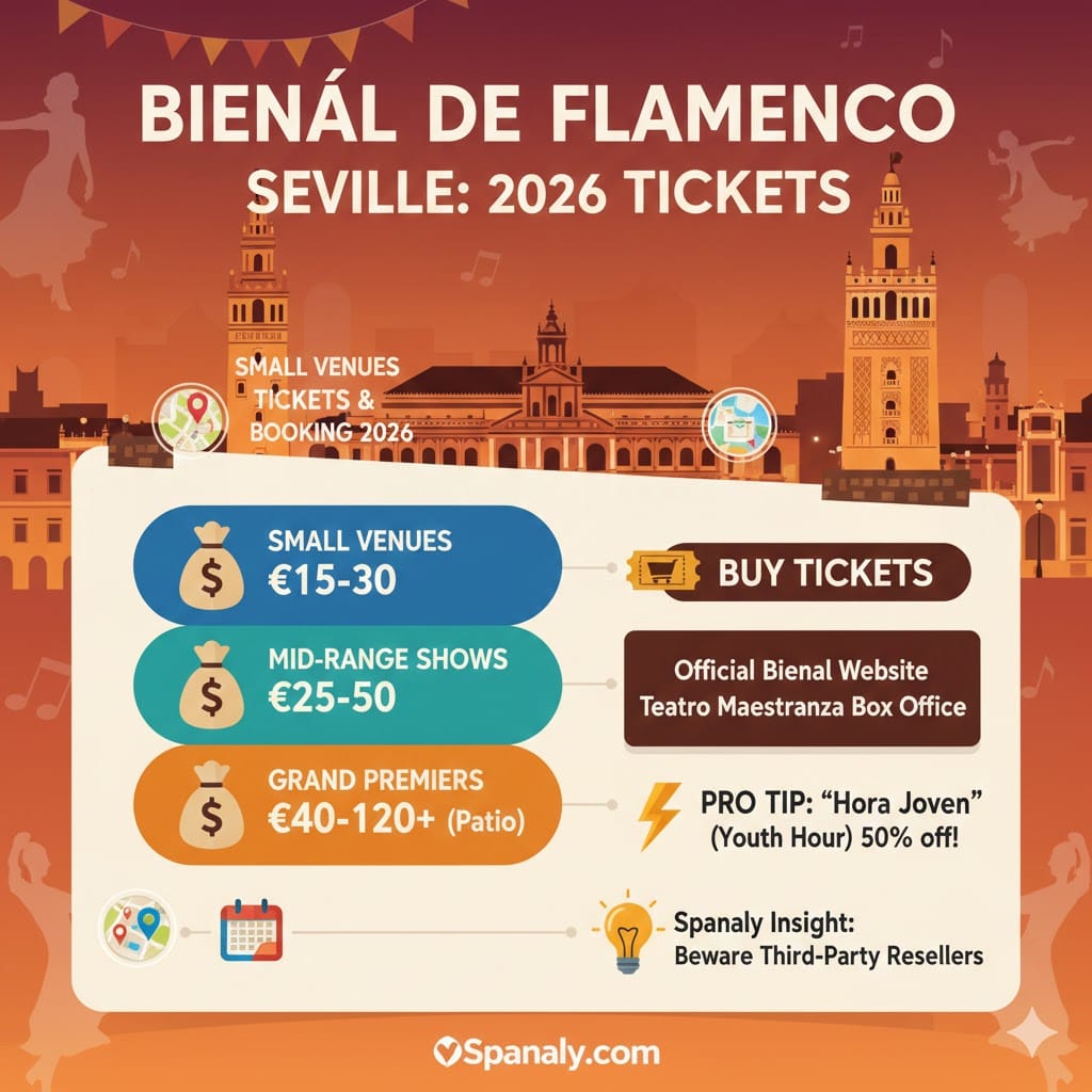 A 2026 price guide infographic for the Bienal de Flamenco in Seville by Spanaly, detailing ticket costs from €15 to €120, official booking channels, and youth discounts.