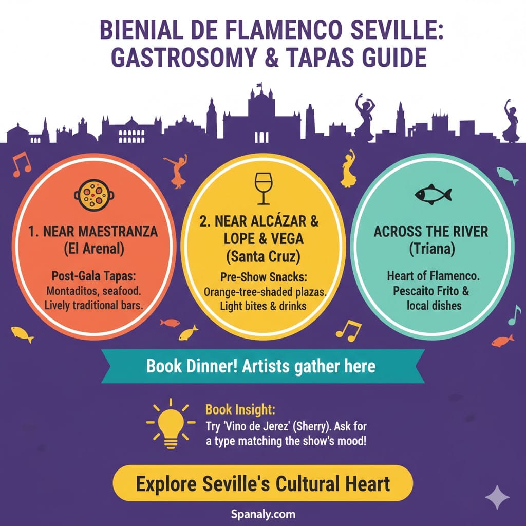 A colorful food guide infographic by Spanaly for the Bienal de Flamenco in Seville, showing the best tapas areas near Teatro Maestranza, Santa Cruz, and Triana, including tips for trying Vino de Jerez.