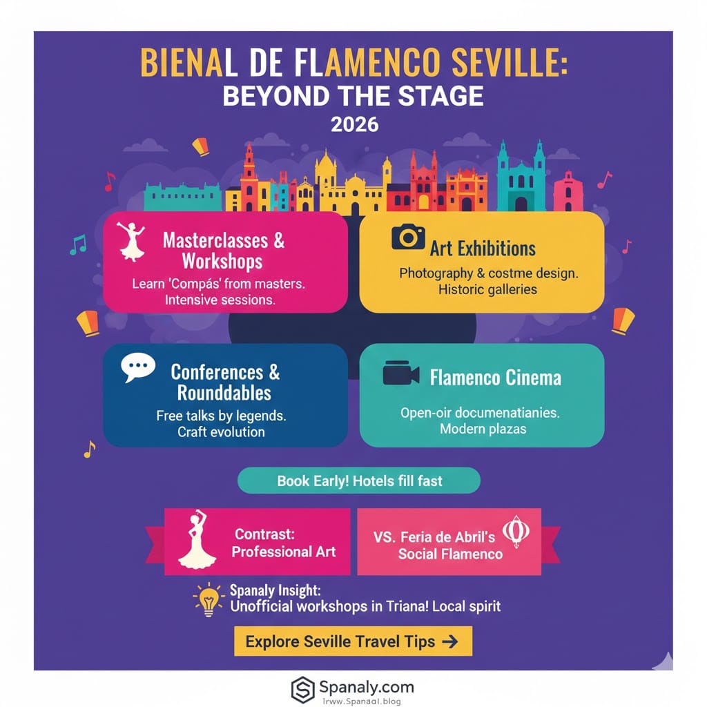 A vibrant infographic by Spanaly highlighting the cultural activities beyond the stage at the Bienal de Flamenco Seville, including masterclasses, art exhibitions, conferences, and flamenco cinema.