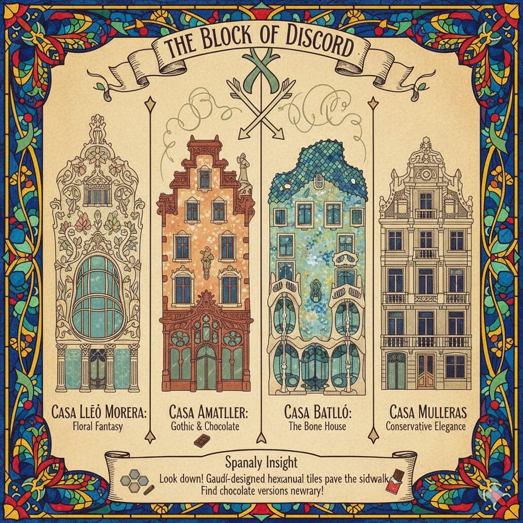An artistic infographic of the Block of Discord in Barcelona, illustrating Casa Lleó Morera, Casa Amatller, Casa Batlló, and Casa Mulleras with historical descriptions and Spanaly travel insights.