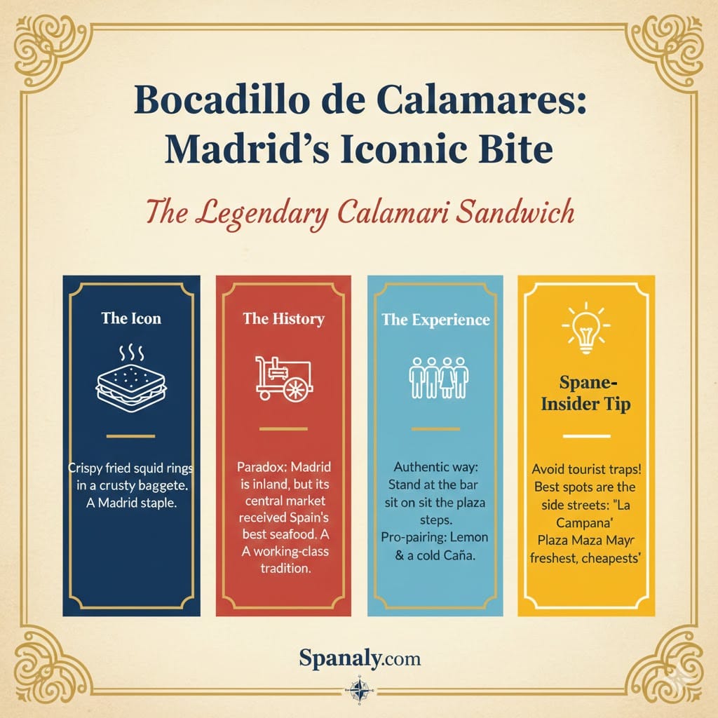 Infographic about Madrid’s iconic Calamari Sandwich (Bocadillo de Calamares), featuring history, local experience tips, and Spanaly’s insider recommendations for the best bars.