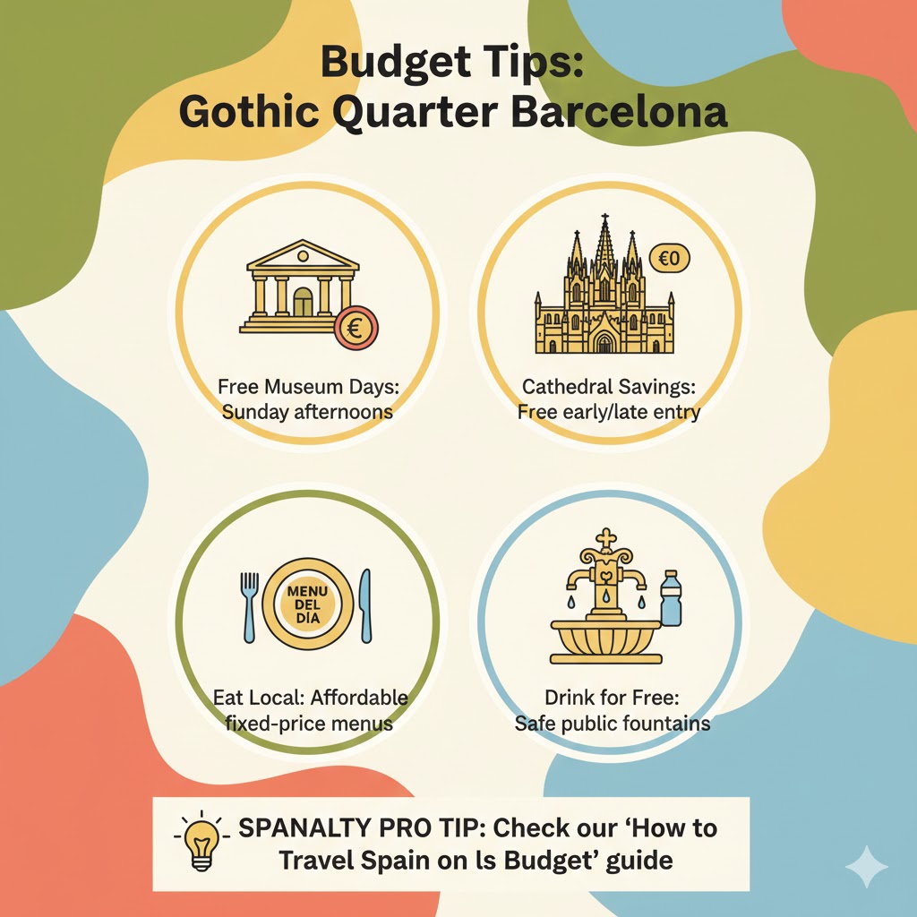 Infographic with budget-saving tips for Barcelona's Gothic Quarter: Free museum days, free cathedral entry times, affordable local menus, and public water fountains.