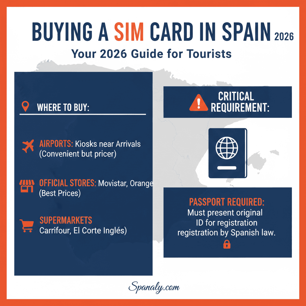 A professional 2026 infographic guide titled Buying a SIM Card in Spain, highlighting locations like airports and official stores, and emphasizing the critical passport requirement for registration with Spanaly.com branding.