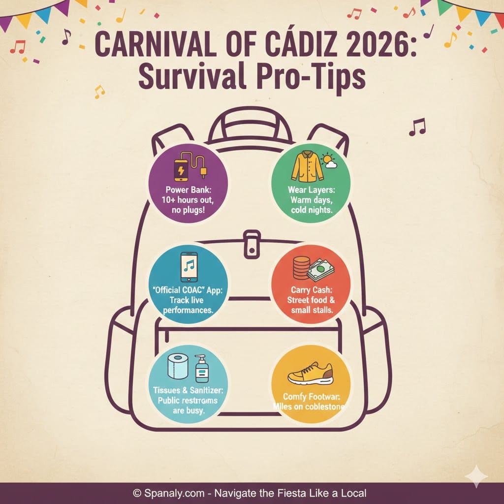 Infographic showing a survival kit for Cádiz Carnival 2026, including a power bank, layered clothing, COAC app, cash, and comfortable shoes.