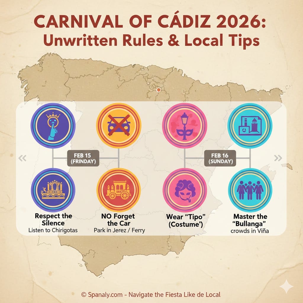 Infographic showing 4 essential local rules for Carnival of Cádiz 2026: Respecting silence for singers, avoiding cars, wearing costumes, and managing large crowds.