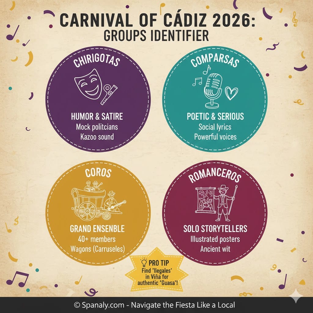 An infographic identifying the 4 main types of musical groups at the Carnival of Cádiz: Chirigotas, Comparsas, Coros, and Romanceros with their key features.
