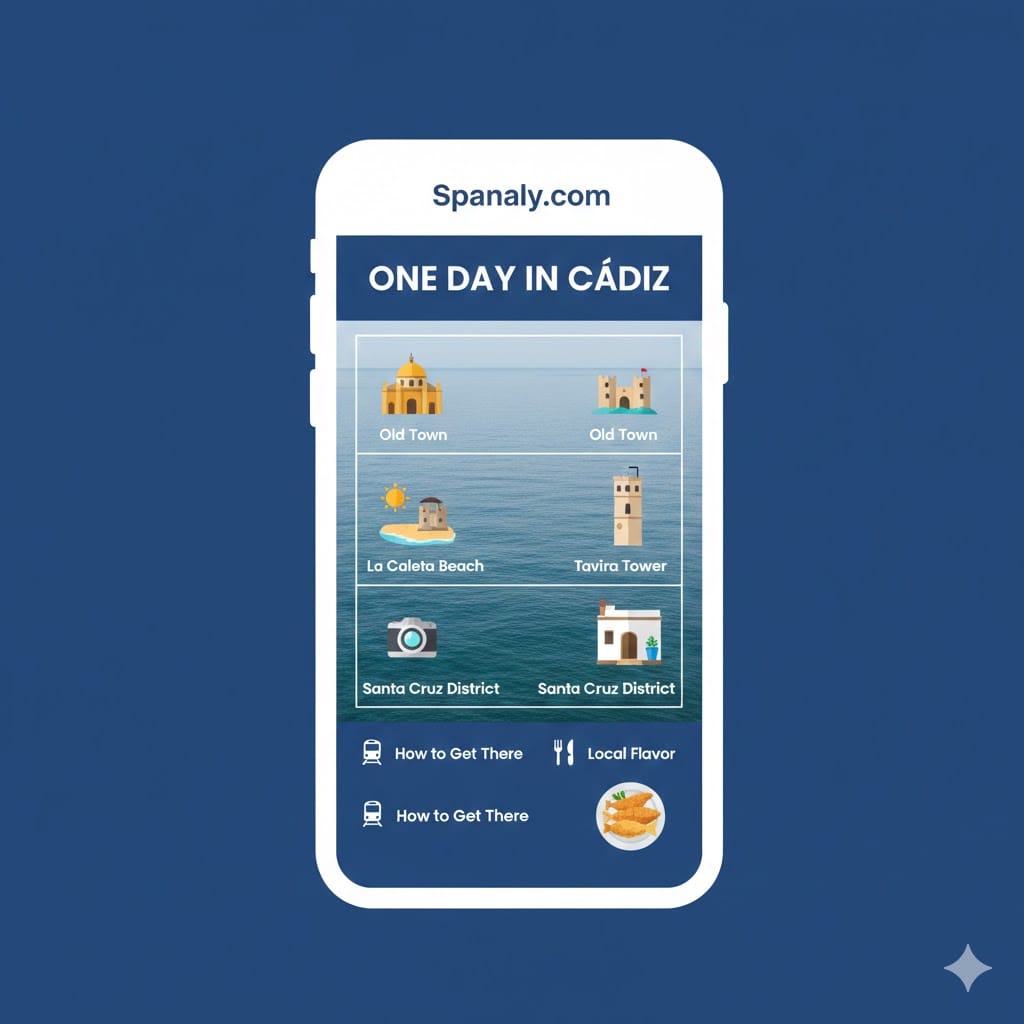 Educational travel infographic for a Cádiz day trip from Seville by Spanaly, highlighting the Cathedral, La Caleta beach, Tavira Tower, and local fried fish tips.