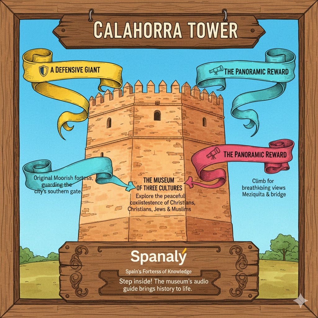 A colorful infographic of the Calahorra Tower in Córdoba, showcasing its history as a Moorish fortress, the Museum of Three Cultures, and its panoramic views with Spanaly tips.
