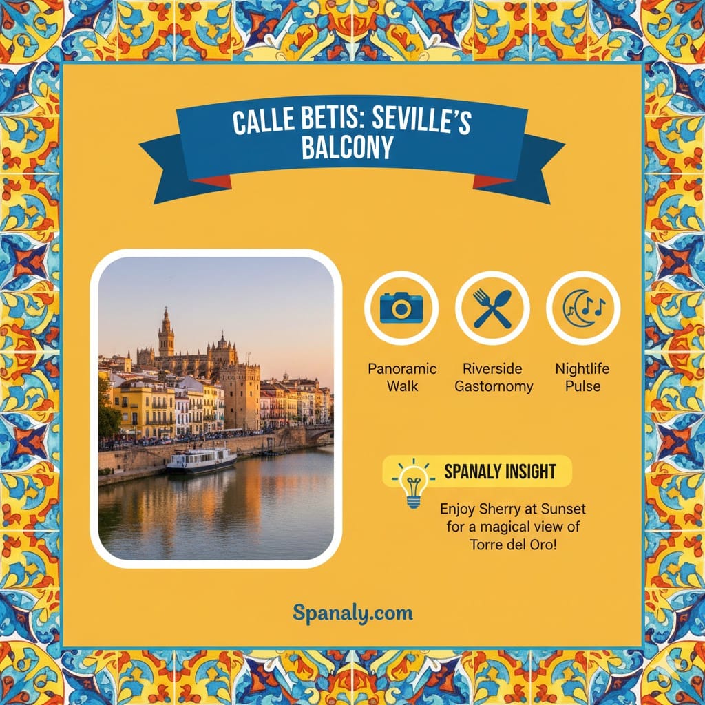A colorful infographic about Calle Betis in Triana, Seville, featuring its panoramic riverside walk, gastronomy, and nightlife pulse, framed by vibrant Andalusian ceramic tiles.