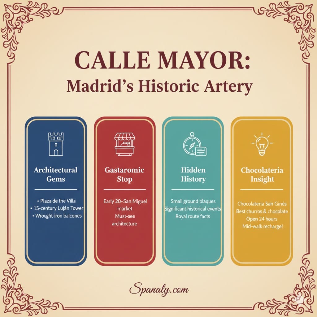 Infographic of Calle Mayor in Madrid, showcasing historical landmarks like Plaza de la Villa, Mercado de San Miguel, and the famous Chocolatería San Ginés.