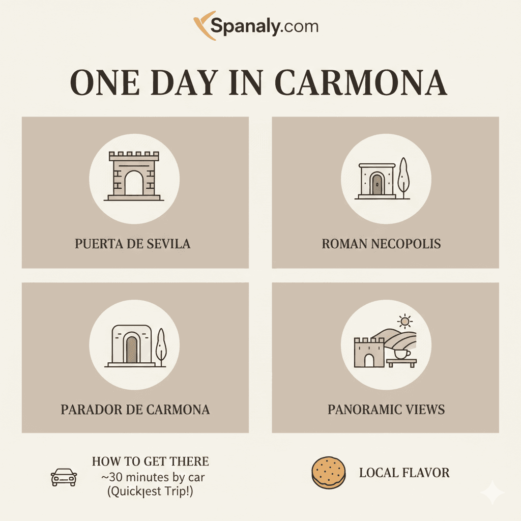 Educational travel infographic for a Carmona day trip from Seville by Spanaly, featuring the Puerta de Sevilla, Roman Necropolis, and panoramic views from the Parador.