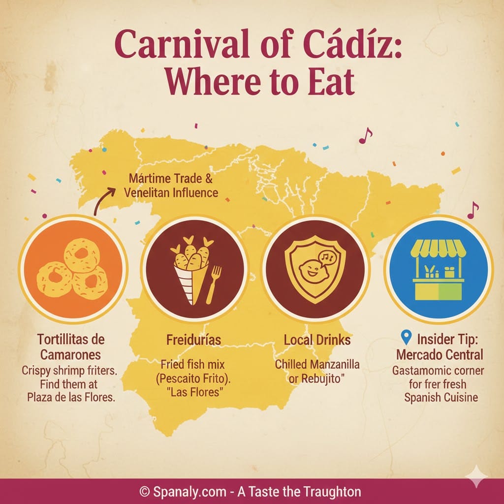 Colorful infographic of what to eat during the Carnival of Cádiz 2026, featuring Tortillitas de Camarones, Fried Fish (Freidurías), and Local Drinks on a map of Spain.