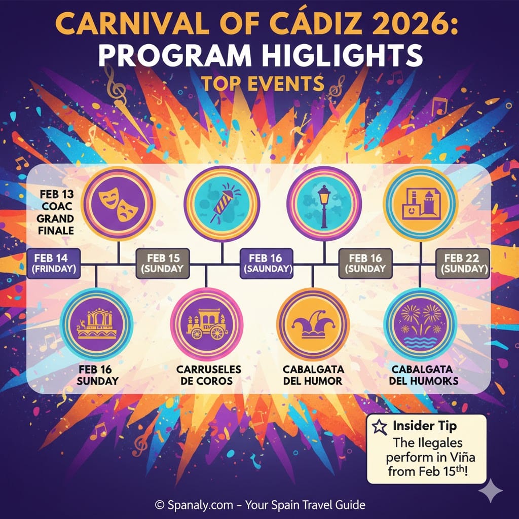 A vibrant and clear infographic timeline of the Carnival of Cádiz 2026 official program, featuring key dates for the COAC Finale, parades, and fireworks.