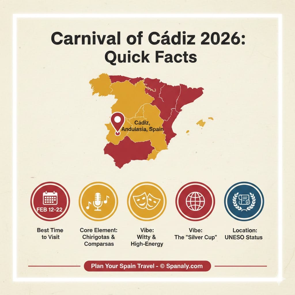 Infographic of Carnival of Cádiz 2026 Quick Facts featuring a map of Spain, dates Feb 12-22, and core elements like Chirigotas and UNESCO status.