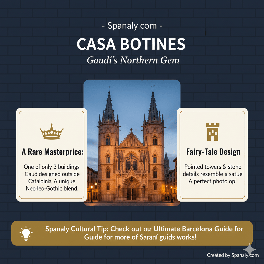 An architectural infographic of Casa Botines in León by Spanaly.com. It showcases Antoni Gaudí’s rare Neo-Gothic masterpiece outside of Barcelona, highlighting its fairy-tale pointed towers and its history as a modernist museum in Northern Spain.