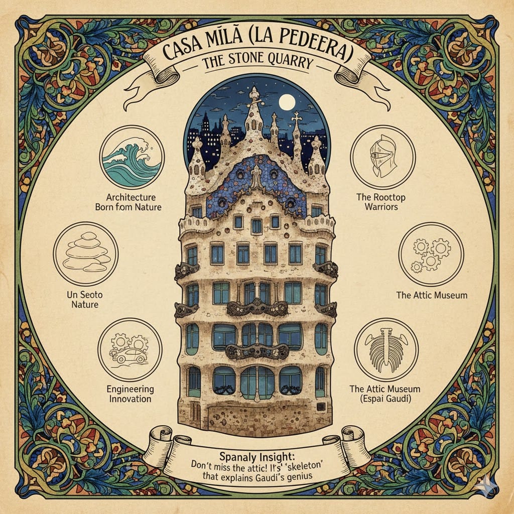 An artistic illustration of Casa Milà (La Pedrera) in Barcelona, featuring its undulating stone facade, the rooftop warriors (chimneys), and icons for architecture born from nature and engineering innovation.