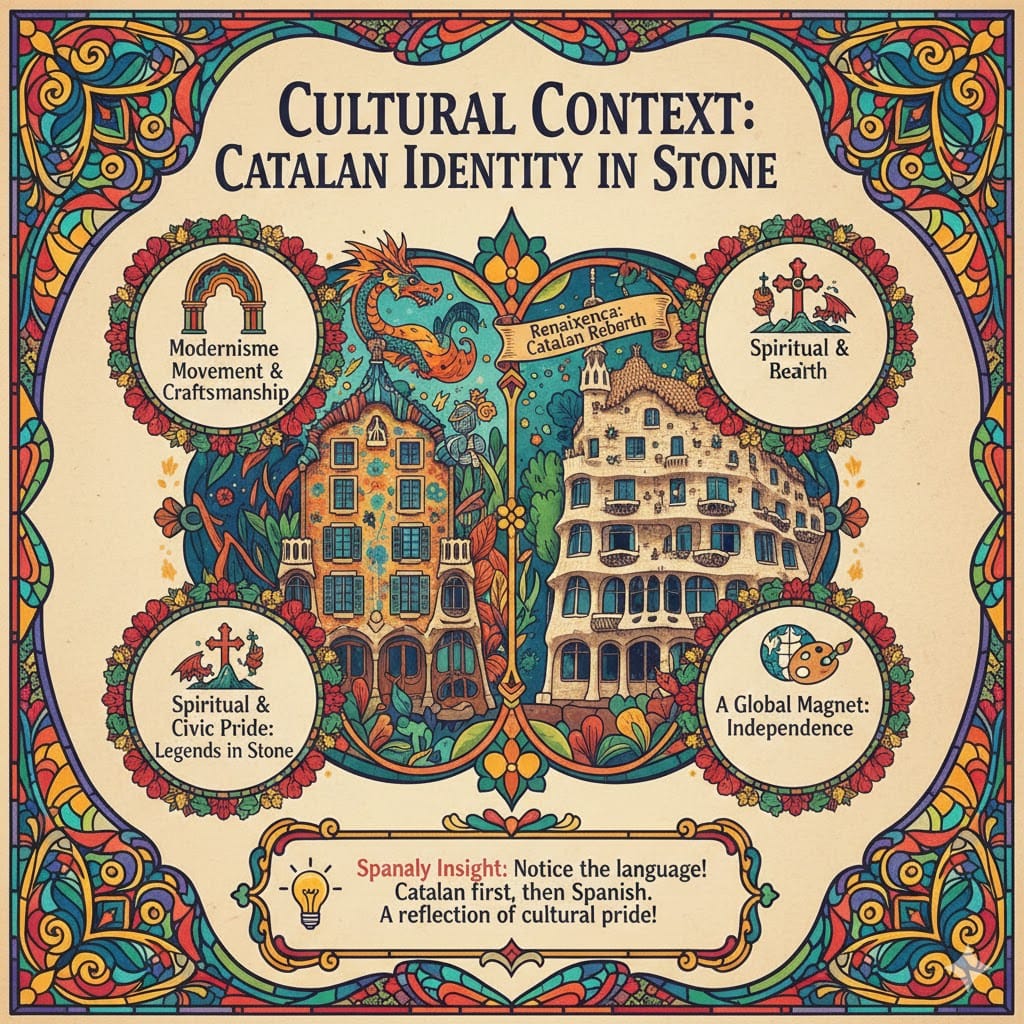 An artistic infographic explaining the cultural context of Gaudí's architecture, featuring Catalan identity symbols, the Renaixença movement, and the Modernisme style in Barcelona.