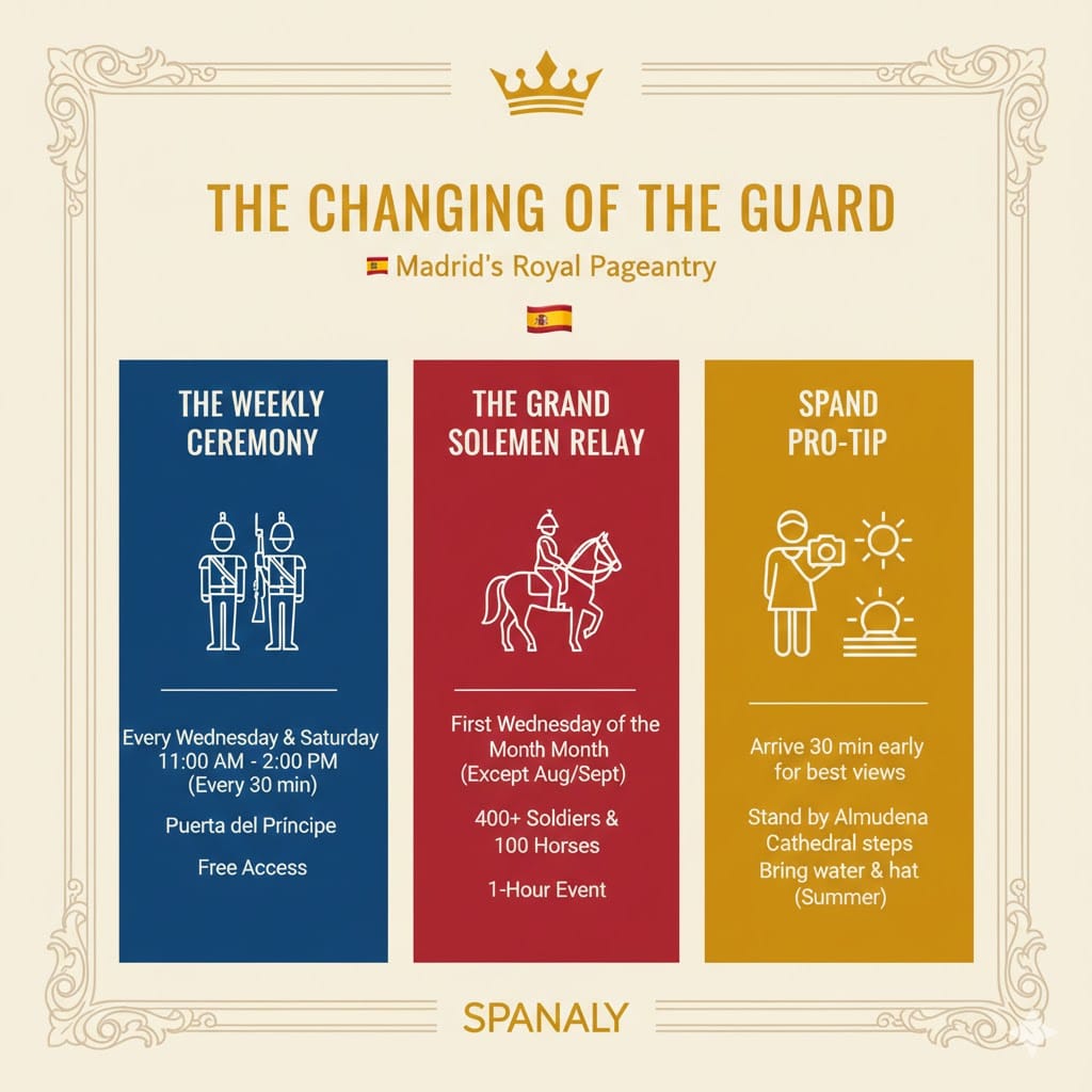 Infographic showing the Changing of the Guard schedule at Madrid Royal Palace, including weekly ceremonies and the Grand Solemn Relay facts.