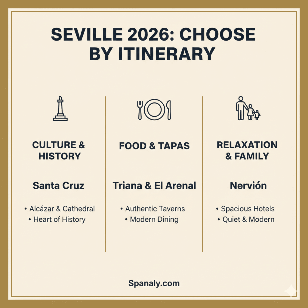 An infographic guide for Seville 2026 helping travelers choose a neighborhood based on their itinerary: Santa Cruz for history, Triana and El Arenal for foodies, and Nervión for relaxation and families by Spanaly.