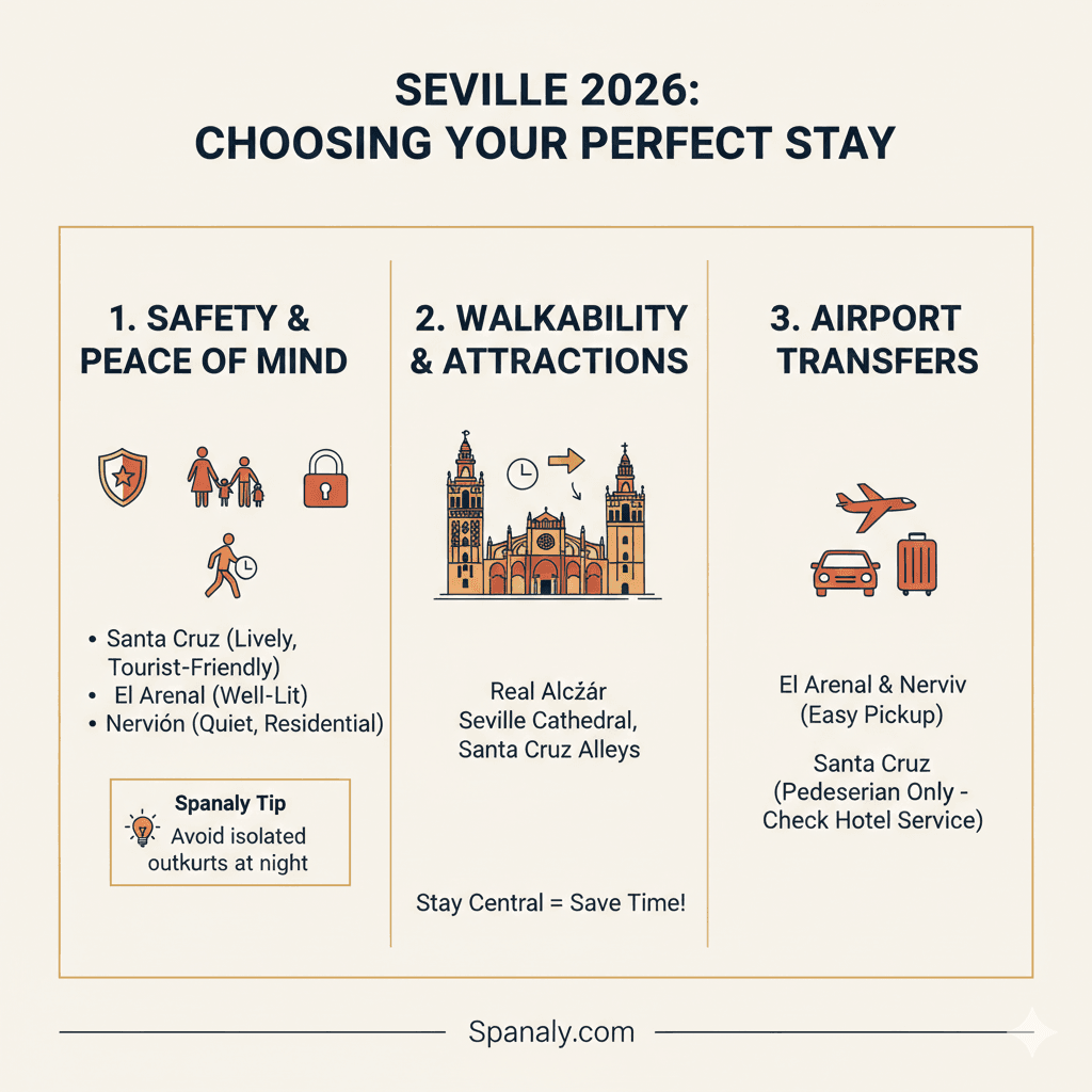 An infographic for US travelers on how to choose the best stay in Seville 2026, highlighting safety in Santa Cruz, walkability to the Cathedral, and airport transfer tips for El Arenal by Spanaly.