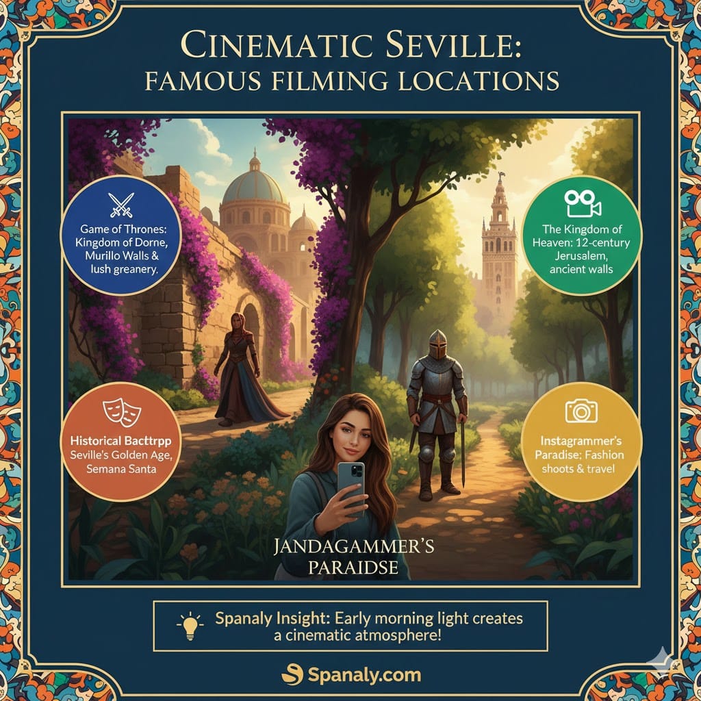 A cinematic infographic of Jardines de Murillo in Seville, showcasing its role as a filming location for Game of Thrones and Kingdom of Heaven, with a travel influencer capturing the atmospheric medieval walls and gardens.