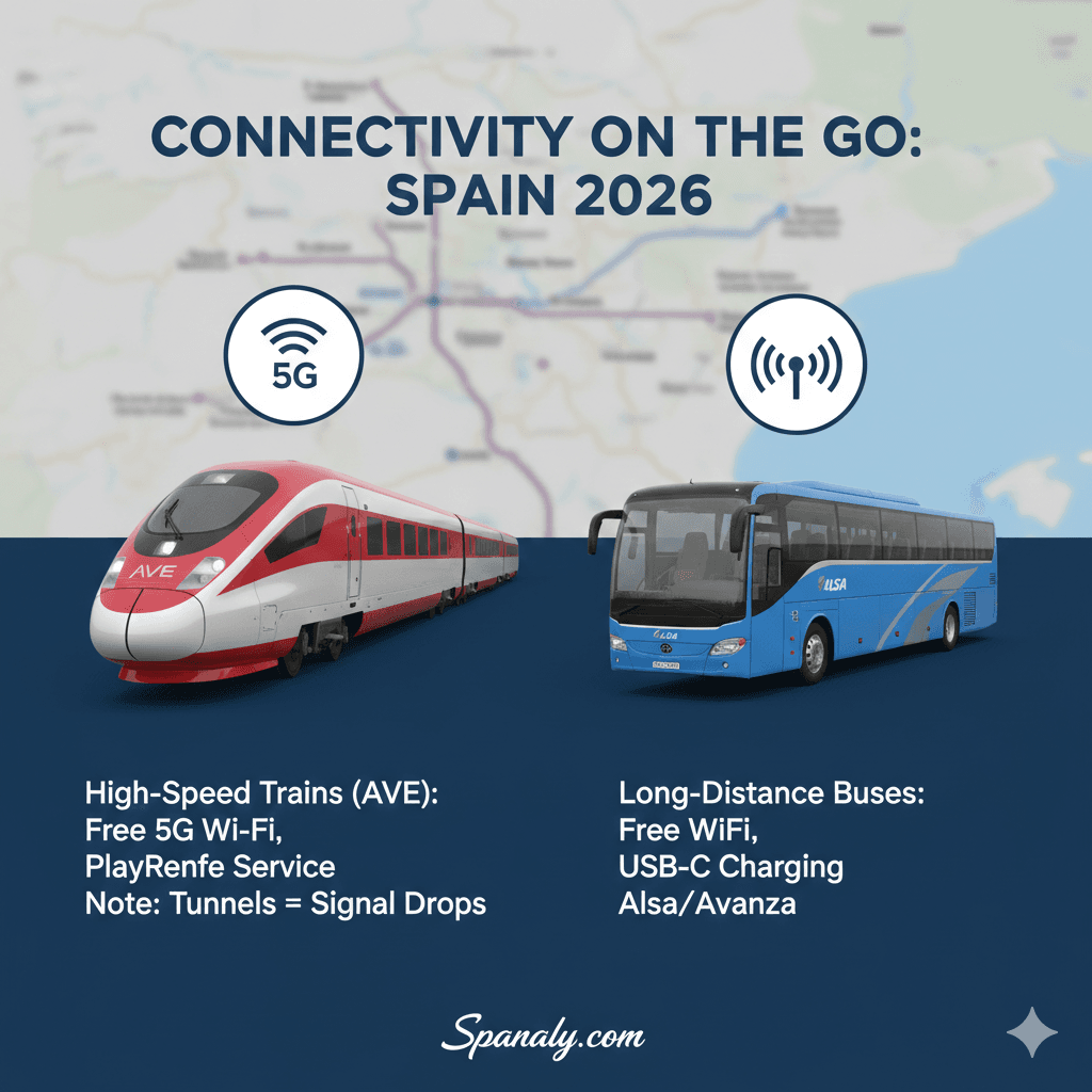 A professional 2026 travel infographic titled Connectivity on the Go: Spain 2026, showing a high-speed AVE train and an Alsa bus with 5G and Wi-Fi icons, detailing onboard services like PlayRenfe and USB-C charging, with Spanaly.com branding.