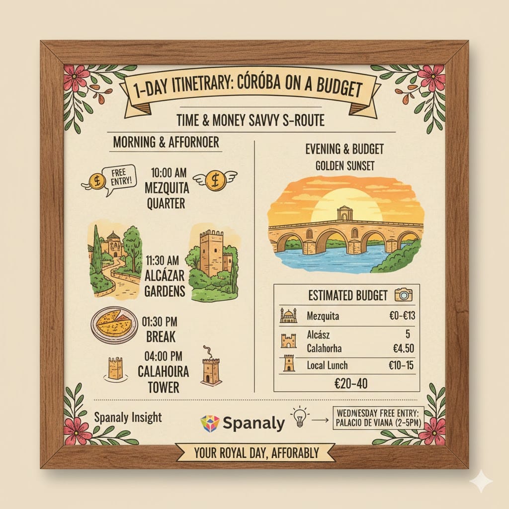 A 1-day travel itinerary for Córdoba highlighting time and money-saving tips, including the Roman Bridge, Mezquita, Alcázar, and local budget lunch options by Spanaly.