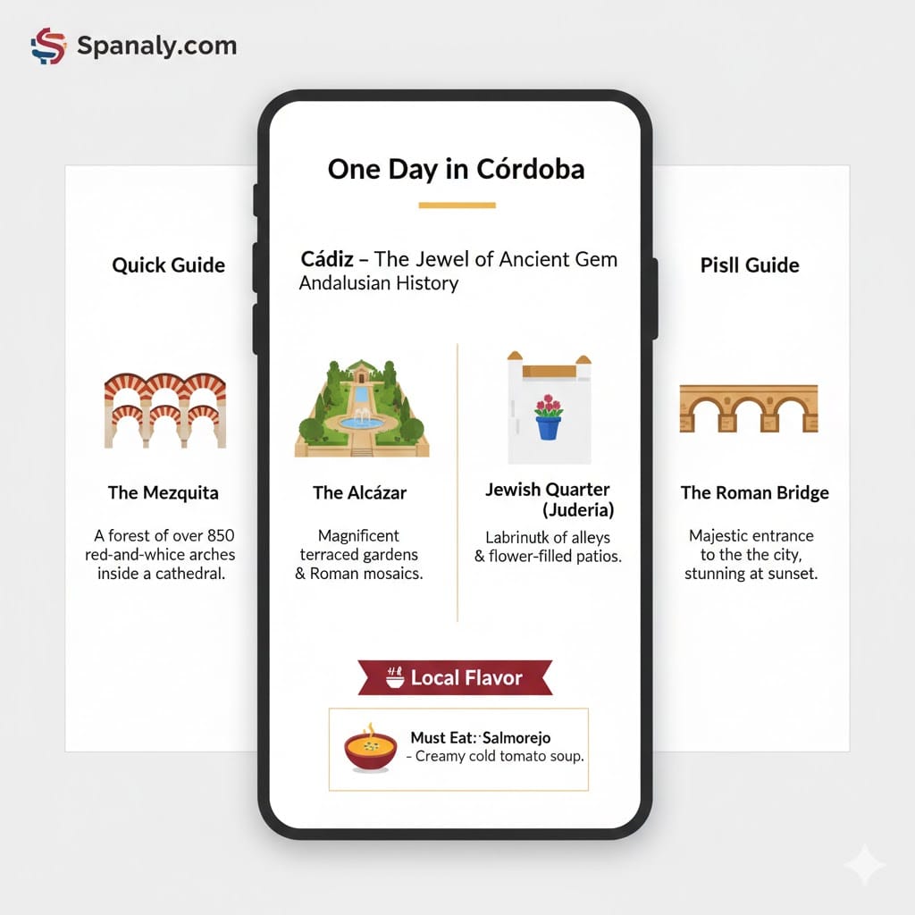 Educational travel infographic for a Córdoba day trip from Seville by Spanaly, featuring the Mezquita, Alcázar, Jewish Quarter, and Roman Bridge with local Salmorejo food tips.