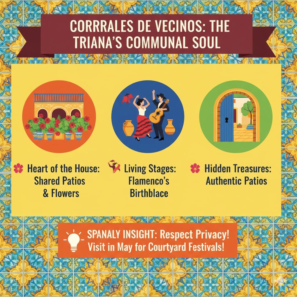 A vibrant infographic about the Corrales de Vecinos in Triana, Seville, featuring communal courtyards with flowers, their role as the birthplace of Flamenco, and tips for visiting during courtyard festivals.