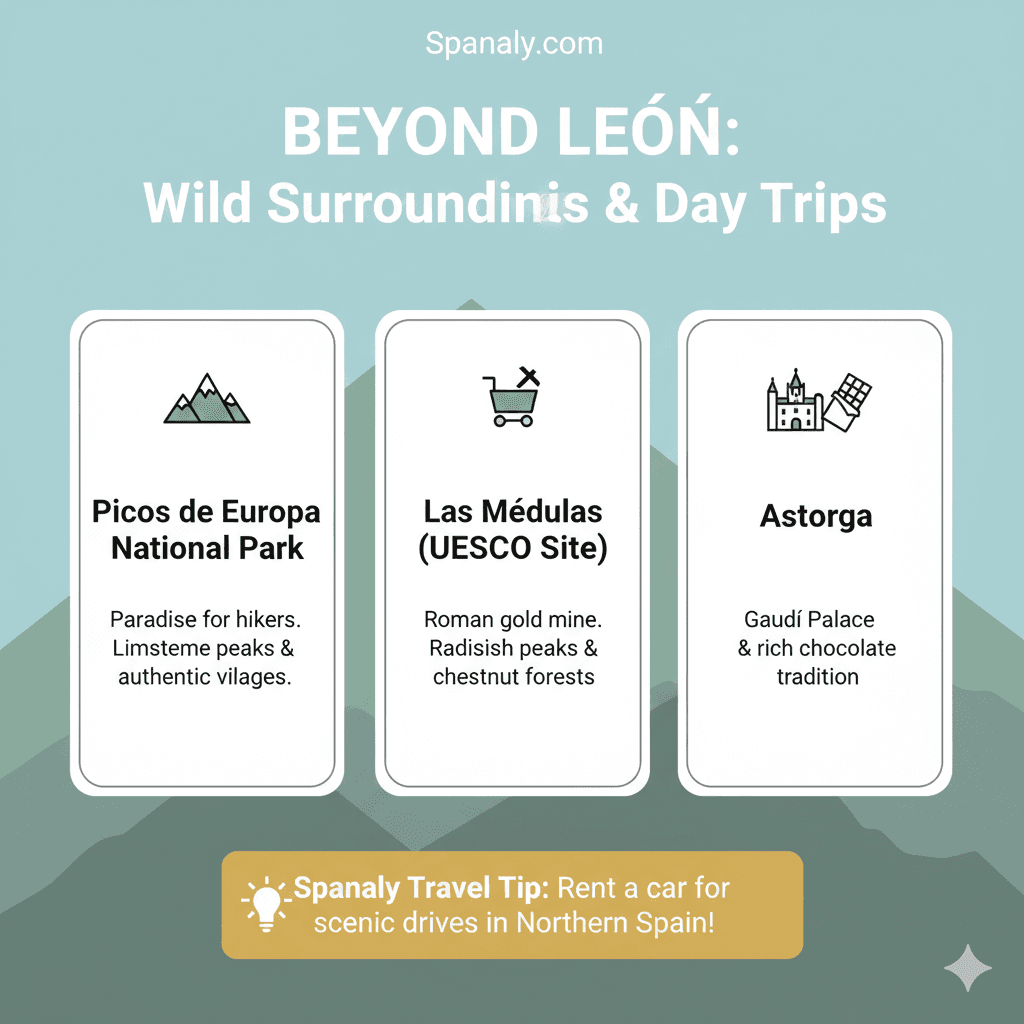 An educational travel infographic by Spanaly.com showing the best day trips from León, Spain. It features Picos de Europa National Park for hiking, Las Médulas UNESCO Roman gold mine, and the town of Astorga, known for its Gaudí Palace and chocolate tradition.