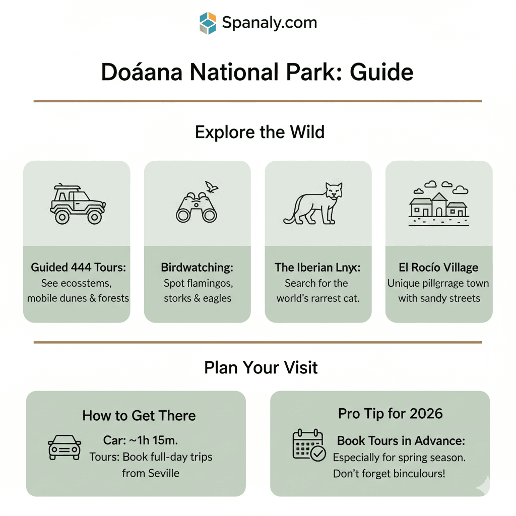 Educational travel infographic for a Doñana National Park day trip from Seville by Spanaly, featuring 4x4 tours, birdwatching, the Iberian Lynx, and El Rocío village.