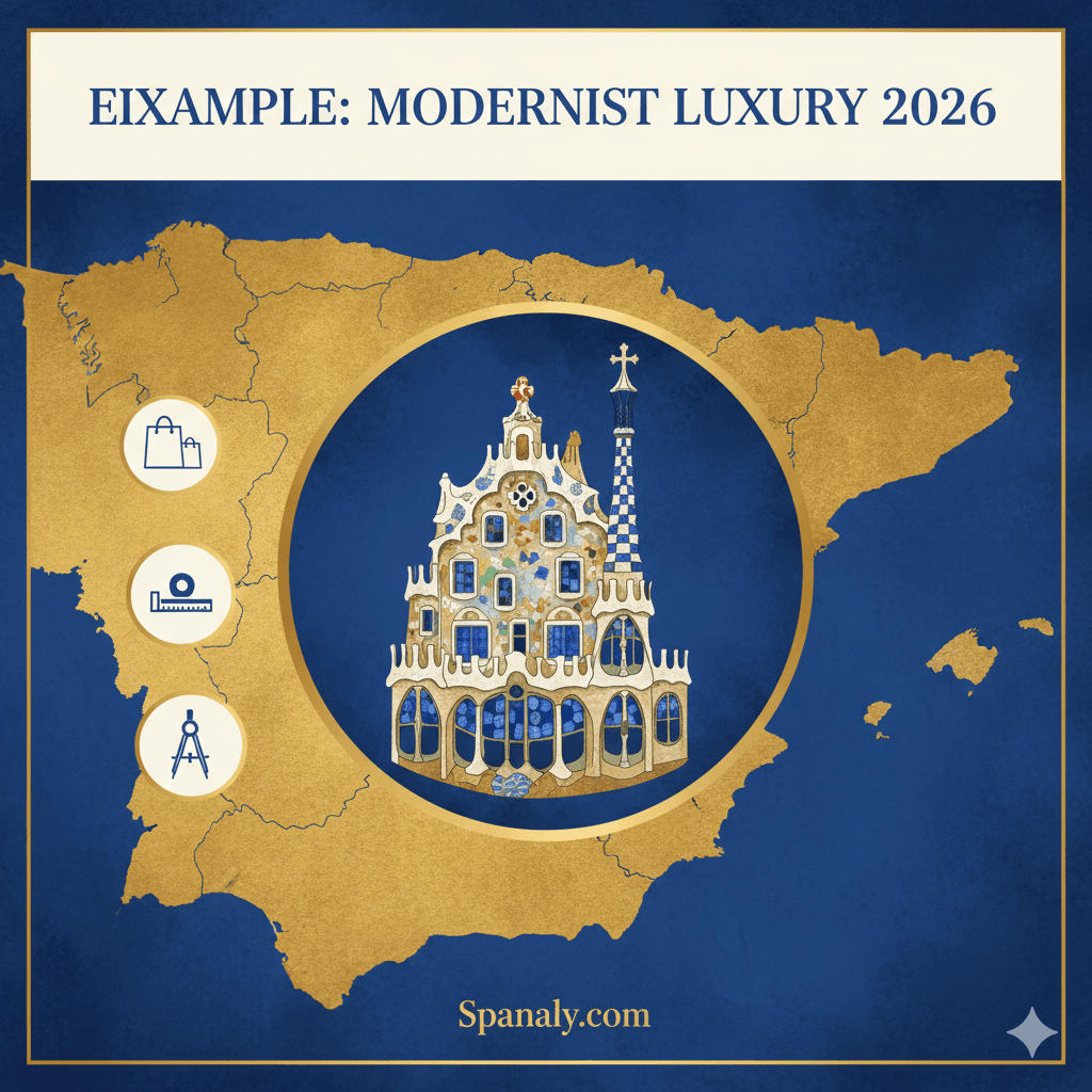 A professional 2026 infographic for staying in Eixample, Barcelona, featuring Modernist architecture icons like Casa Batlló over a map of Spain with luxury travel symbols.