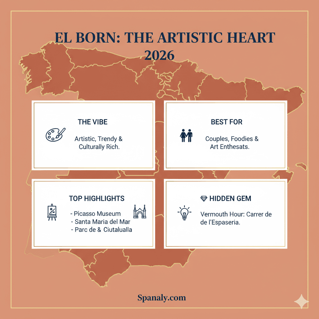 A detailed 2026 travel infographic for El Born, Barcelona, highlighting its artistic vibe, best for couples and foodies, top landmarks like the Picasso Museum, and the hidden gem Vermouth Hour, over a terracotta-toned map of Spain.