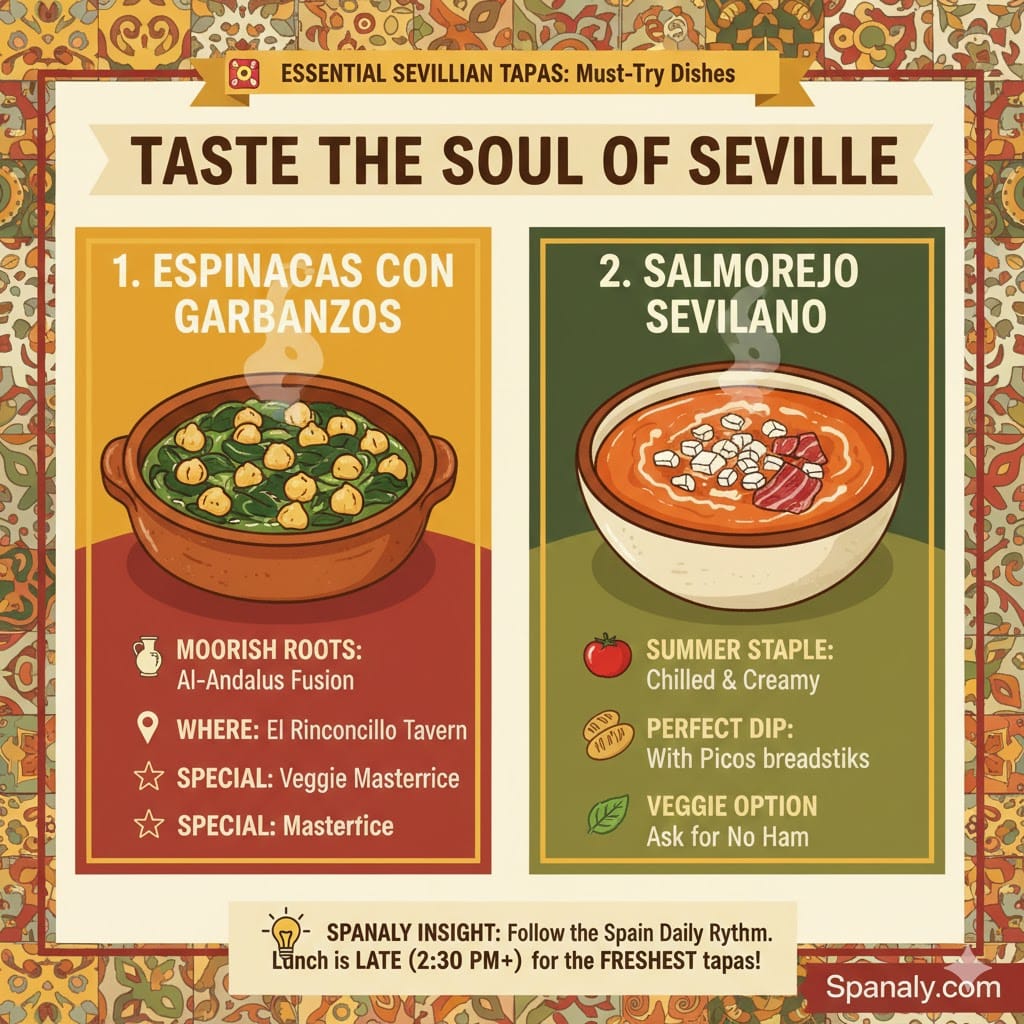 An infographic of Traditional Sevillian Tapas featuring Espinacas con Garbanzos in a clay pot and Salmorejo Sevillano with toppings, including dietary tips and a Spanaly insight about Spanish dining times.