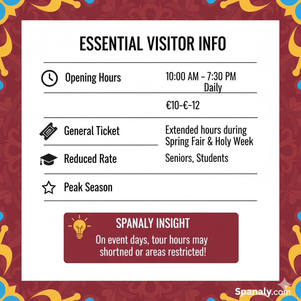 An essential visitor info infographic for the Real Maestranza Bullring in Seville, displaying opening hours from 10:00 AM to 7:30 PM, ticket prices between 10 to 12 Euros, and peak season details, with a Spanaly insight about tour restrictions on event days.