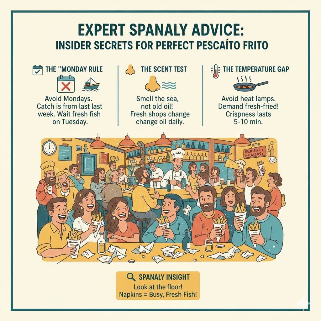 An infographic sharing expert tips for Pescaito Frito: the Monday rule for freshness, the scent test for clean oil, avoiding heat lamps, and the meaning of napkins on the floor at authentic Seville bars.