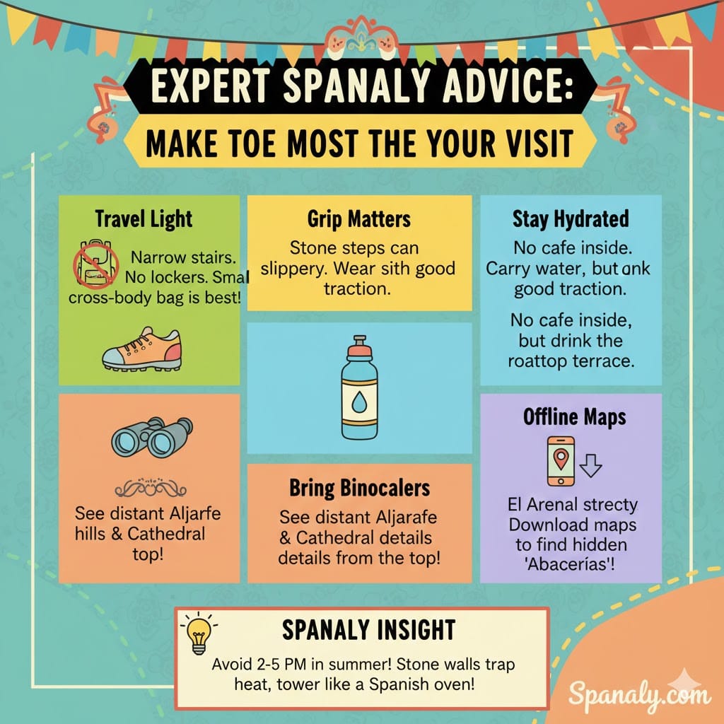 An expert traveler infographic for Torre del Oro in Seville, featuring tips on traveling light, wearing proper footwear, hydration, using binoculars, and downloading offline maps.