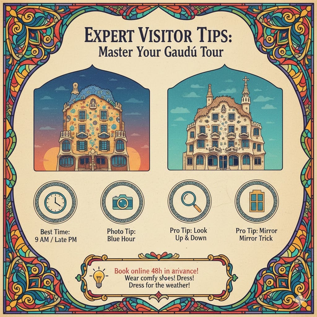 An expert visitor guide infographic for Casa Batlló and Casa Milà, featuring icons for the best visiting times, photo tips for the Blue Hour, and pro advice on looking for architectural details.
