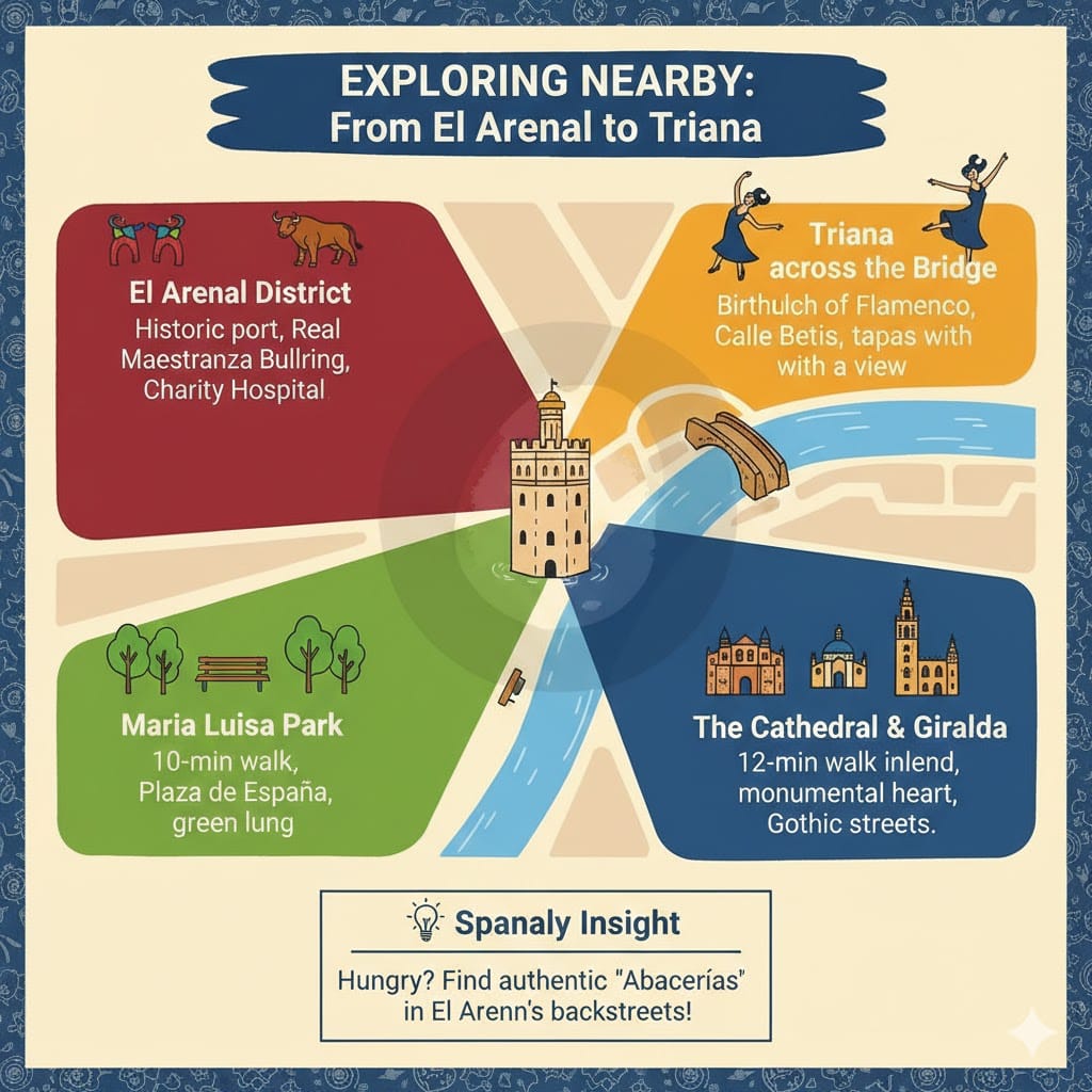 A colorful map-style infographic showing attractions near Torre del Oro in Seville, including El Arenal District, Triana across the bridge, Maria Luisa Park, and the Seville Cathedral.