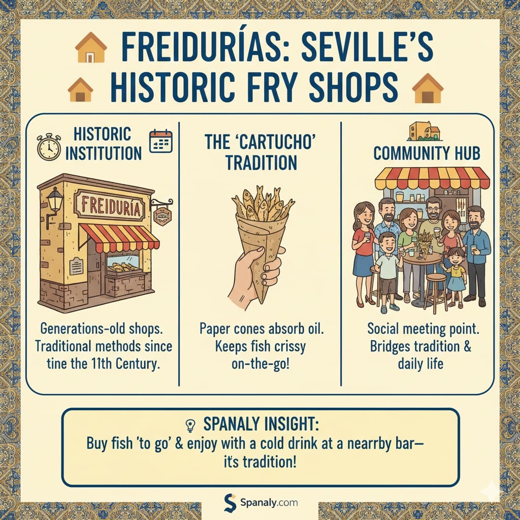 An infographic about Seville's Freidurías, featuring a traditional shop facade, a hand holding a paper cone of fried fish (cartucho), and locals gathering at a community hub, including a Spanaly insight.