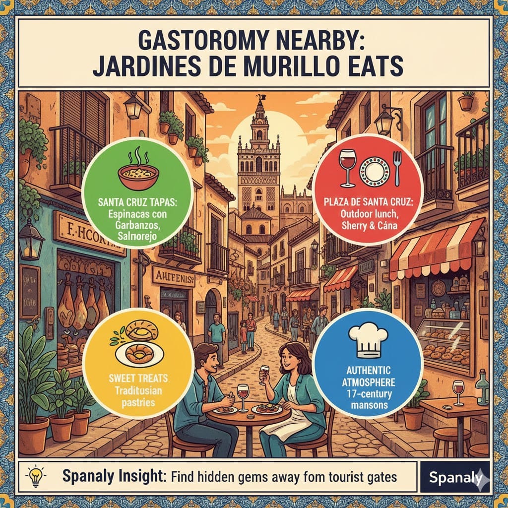 A vibrant infographic about dining near Jardines de Murillo, featuring tapas in Barrio Santa Cruz, outdoor lunch at Plaza de Santa Cruz, and traditional Andalusian pastries in Seville.