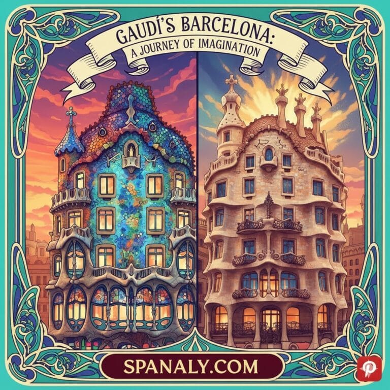 A stunning colorful Pinterest-style illustration of Gaudí's Barcelona masterpieces, featuring Casa Batlló and Casa Milà within an elegant art nouveau frame, titled Gaudí's Barcelona: A Journey of Imagination.