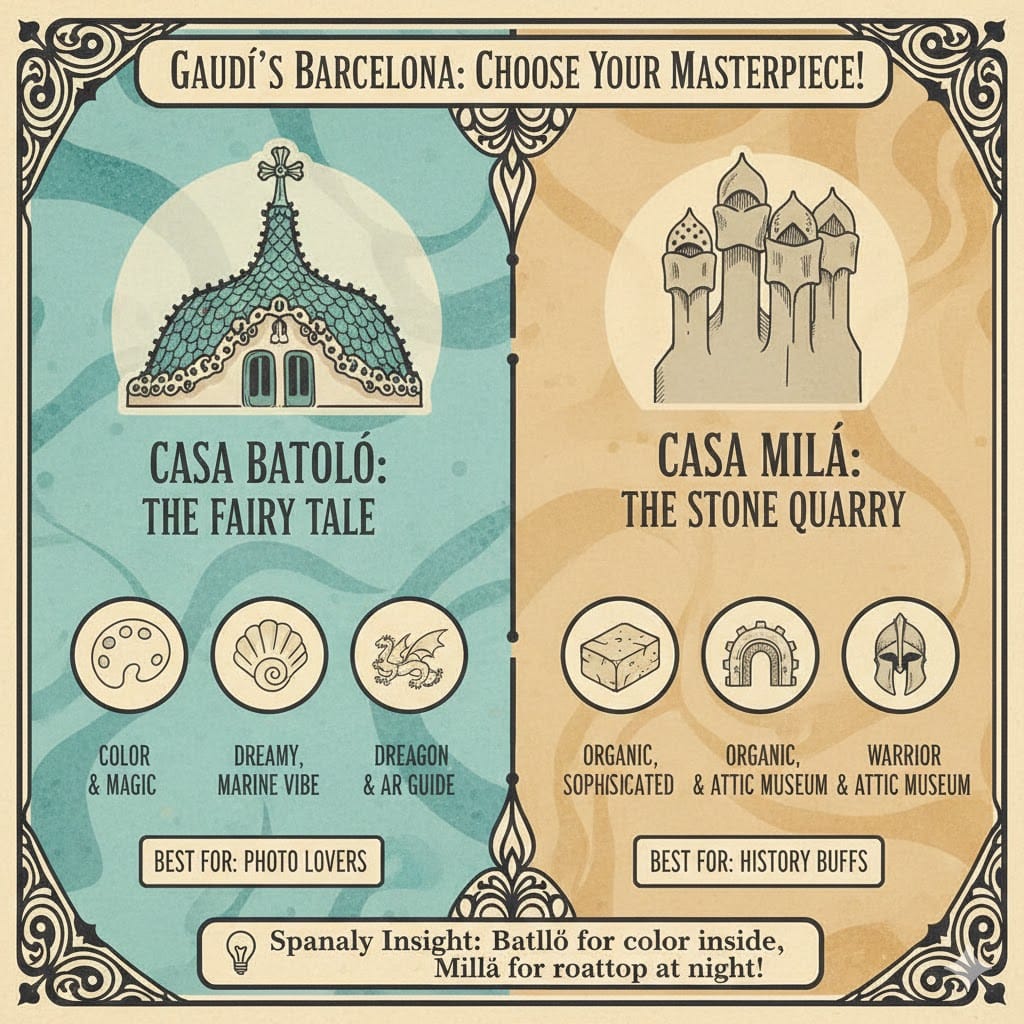 A Pinterest-style comparison infographic between Casa Batlló and Casa Milà in Barcelona, highlighting the Fairy Tale vs Stone Quarry vibes with key features for photo lovers and history buffs.