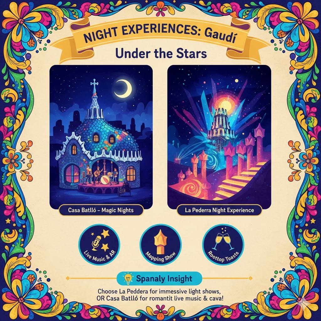 A vibrant and colorful infographic showing night experiences at Casa Batlló and Casa Milà, featuring live music, rooftop mapping shows, and a festive atmosphere under the stars.