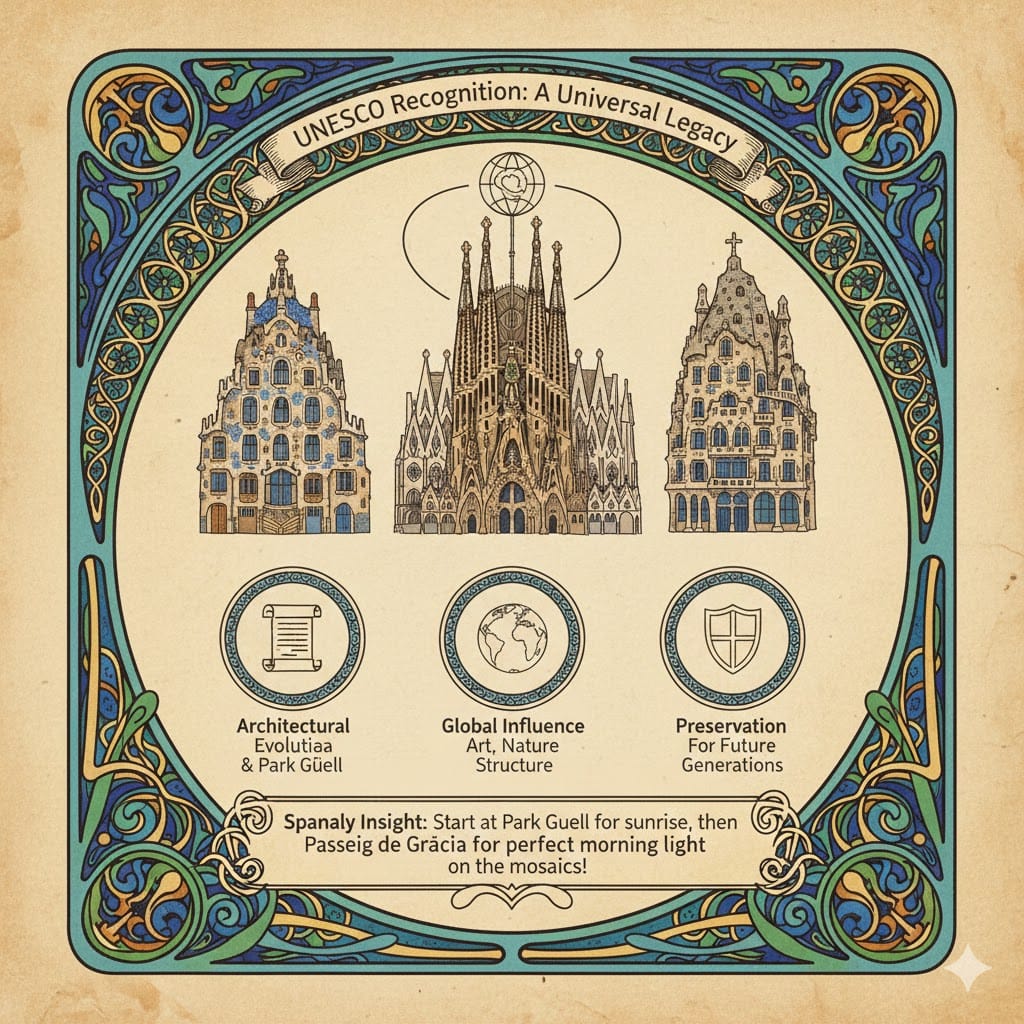 An artistic colorful infographic showcasing Gaudí's UNESCO World Heritage sites in Barcelona, including Sagrada Família, Casa Batlló, and Casa Milà, with icons for architectural evolution and global influence.