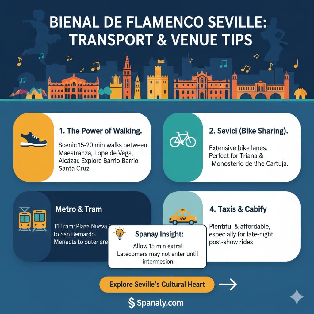 An infographic by Spanaly detailing transport options for the Bienal de Flamenco in Seville, including walking routes through Santa Cruz, Sevici bike sharing, Metro/Tram T1, and late-night taxi tips.