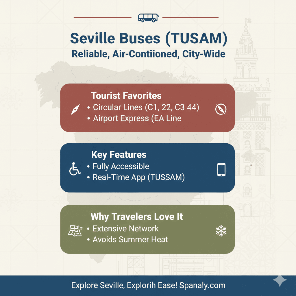 Infographic guide for Seville TUSSAM buses showing circular lines C1 to C4, the EA airport line, and travel tips for tourists visiting Spanish attractions.