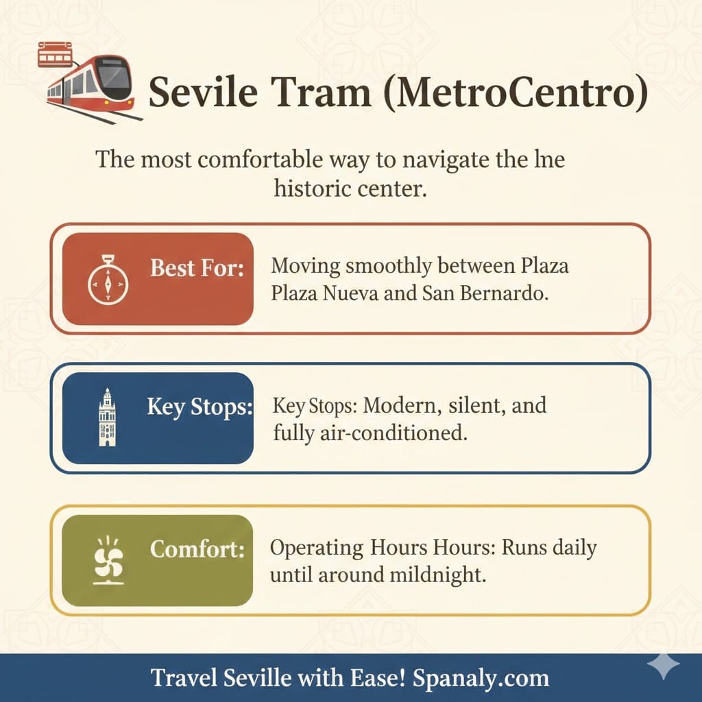 Infographic guide for the Seville Tram MetroCentro, showing key stops like Plaza Nueva and the Cathedral, operating hours, and ticket tips for SEO.