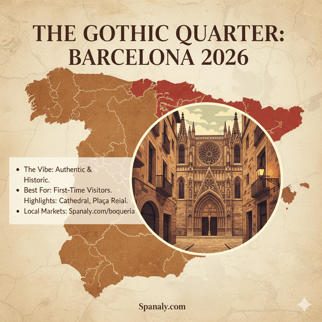 An SEO infographic about staying in the Gothic Quarter of Barcelona in 2026, showcasing the historic architecture of the Cathedral, narrow medieval streets, and proximity to local markets.