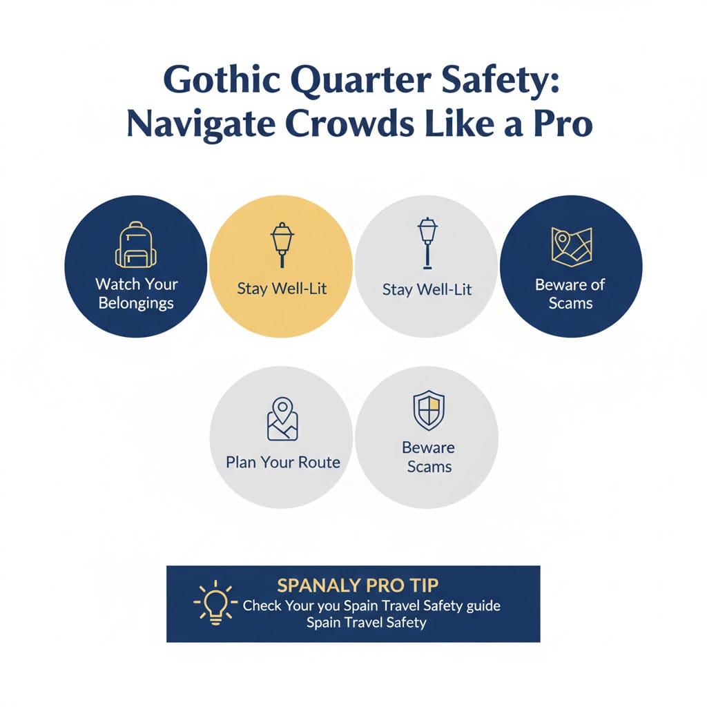 Infographic showing safety tips for Barcelona's Gothic Quarter, including watching belongings, staying in well-lit areas, and avoiding common scams.